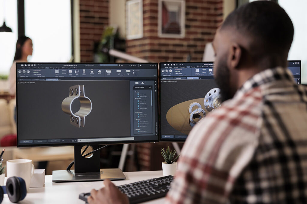 African american developer setting up gears model